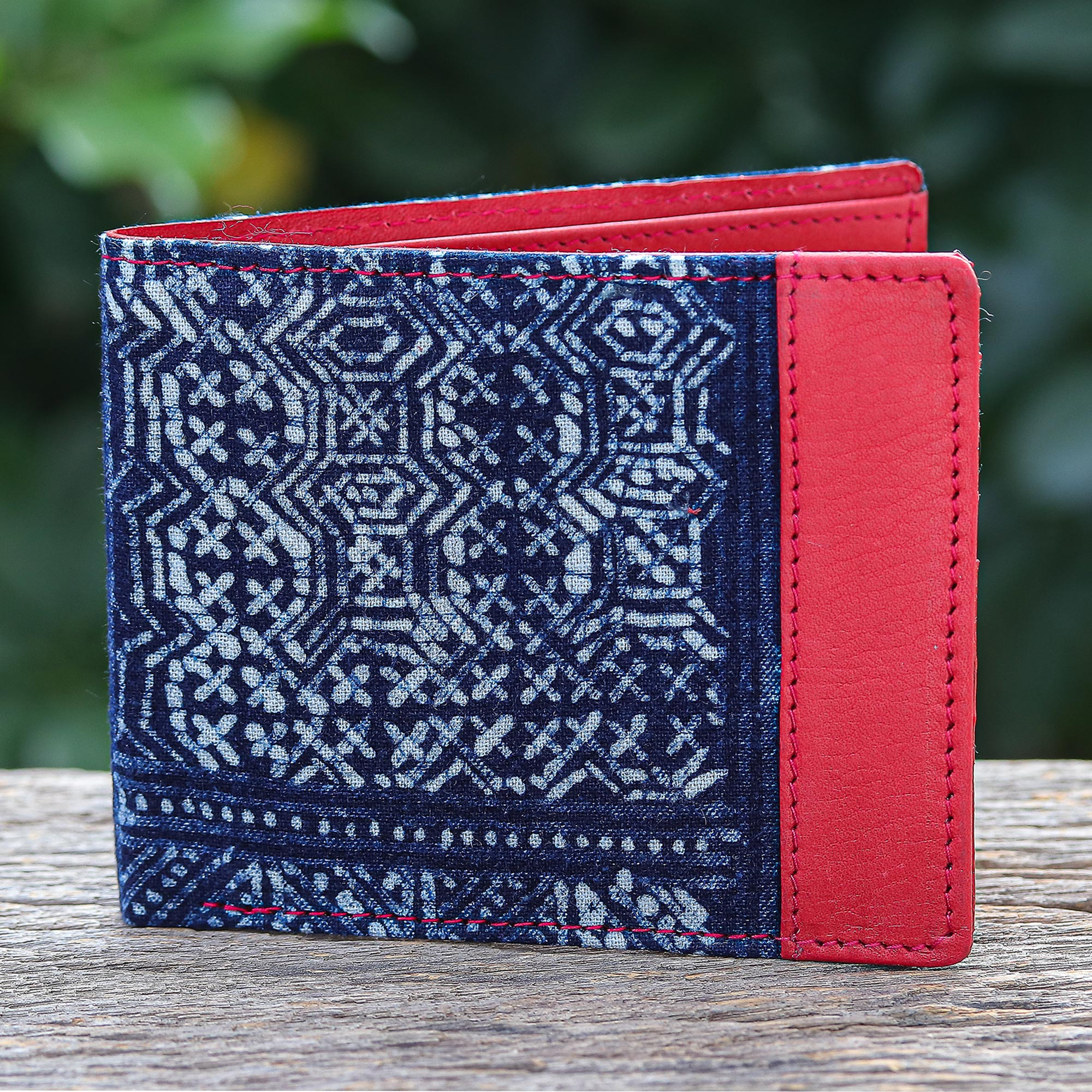 Artisan Crafted Leather and Cotton Batik Wallet, 'Sandy Shores in Red'