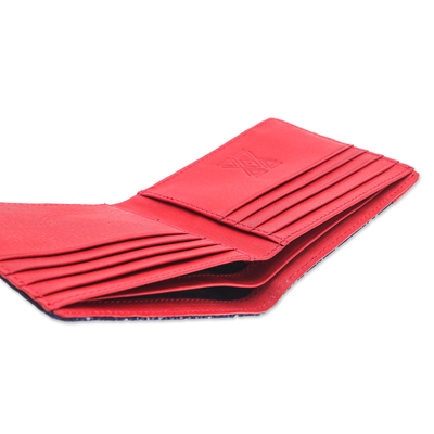 Cotton batik and leather wallet, 'Sandy Shores in Red' - Artisan Crafted Leather and Cotton Batik Wallet