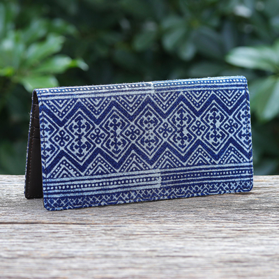 Cotton batik and leather wallet, 'Byzantine' - Artisan Crafted Navy Cotton Long Wallet from Thailand