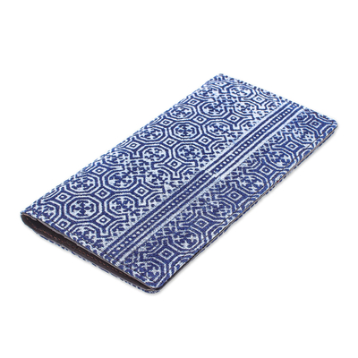 Cotton batik and leather wallet, 'Byzantine' - Artisan Crafted Navy Cotton Long Wallet from Thailand