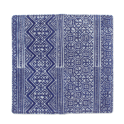 Geldbörse aus Baumwollbatik und Leder - Handgefertigte lange Geldbörse aus marineblauer Baumwolle aus Thailand