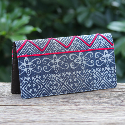 Cotton batik and leather wallet, 'Red Thread' - Hand Made Cotton and Leather Batik Long Wallet