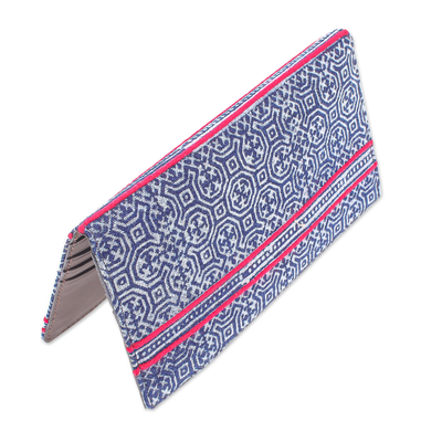 Cotton and leather batik wallet, 'Red Line' - Hand Crafted Hmong Geometric Cotton and Leather Batik Wallet