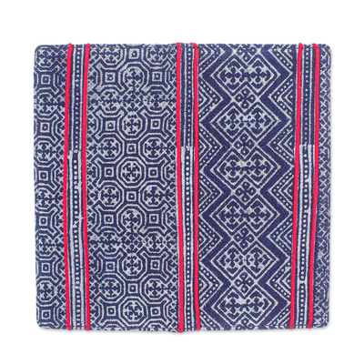 Cotton and leather batik wallet, 'Red Line' - Hand Crafted Hmong Geometric Cotton and Leather Batik Wallet