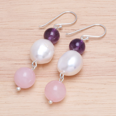 Multi-gemstone dangle earrings, 'Mellow Mood' - Amethyst and Cultured Freshwater Pearl Dangle Earrings