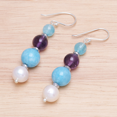 Multi-gemstone dangle earrings, 'Electric Jolt' - Cultured Freshwater Pearl and Quartz Dangle Earrings