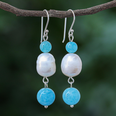 Cultured pearl and quartz dangle earrings, 'Electric Ocean' - Cultured Freshwater Pearl and Quartz Dangle Earrings