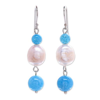 Cultured pearl and quartz dangle earrings, 'Electric Ocean' - Cultured Freshwater Pearl and Quartz Dangle Earrings