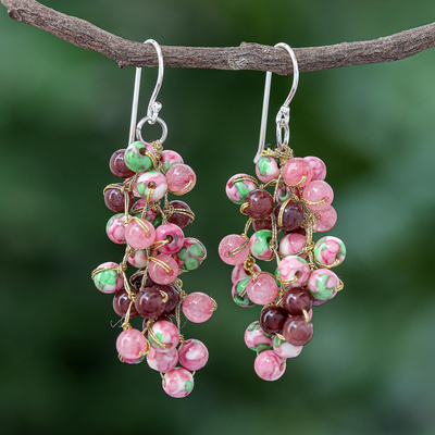 Quartz and agate dangle earrings, 'Dionysus in Pink' - Hand Crafted Quartz and Agate Dangle Earrings