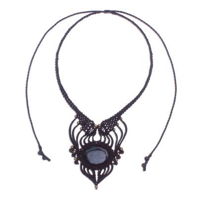 Chrysocolla and hawk's eye macrame pendant necklace, 'Ocean Boho' - Chrysocolla and Hawk's Eye Macrame Pendant Necklace