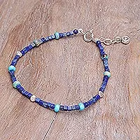 Pulsera con cuentas de lapislázuli y jaspe, 'Blue Cubed' - Pulsera con cuentas de lapislázuli y jaspe hecha a mano