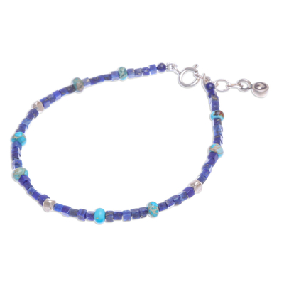Lapis lazuli and jasper beaded bracelet, 'Blue Cubed' - Hand Made Lapis Lazuli and Jasper Beaded Bracelet