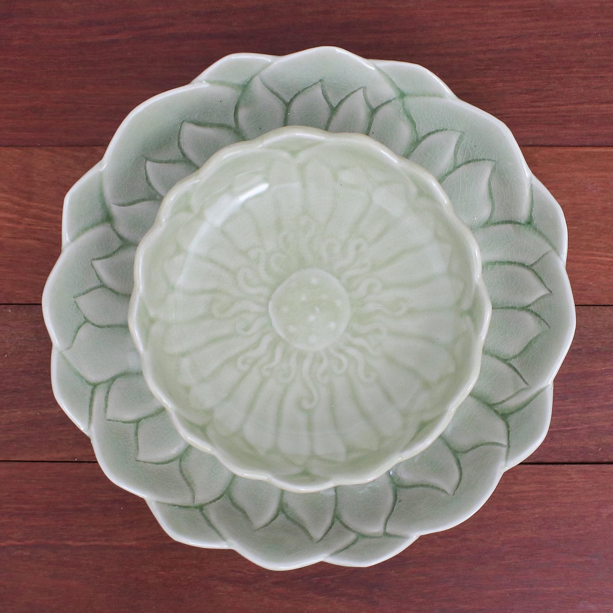 Celadon Ceramic Lotus Flower Plates (Pair) Lotus Eaters NOVICA