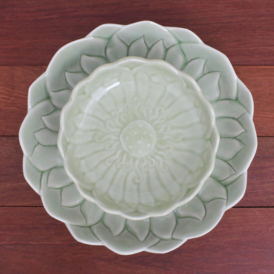 Celadon ceramic plates, 'Lotus Eaters' (pair) - Celadon Ceramic Lotus Flower Plates (Pair)