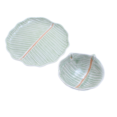 Celadon ceramic dinnerware set, 'Green Leaves' (pair) - Celadon Ceramic Banana Leaf Plate and Bowl Set (Pair)