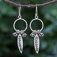 Silver dangle earrings, 'Tribal Tree' - Handmade Sterling and Karen Silver Floral Dangle Earrings