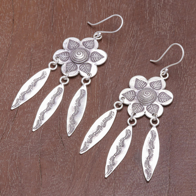 Sterling silver dangle earrings, 'Tribal Forest' - Hand Crafted Sterling Silver Floral Dangle Earrings