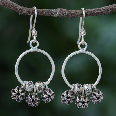 Silver dangle earrings, Flower Trio