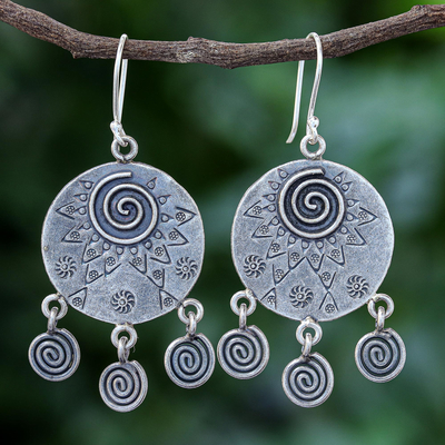 Sterling silver dangle earrings, 'Tribal Sign' - Hand Crafted Sterling Silver Geometric Motif Dangle Earrings