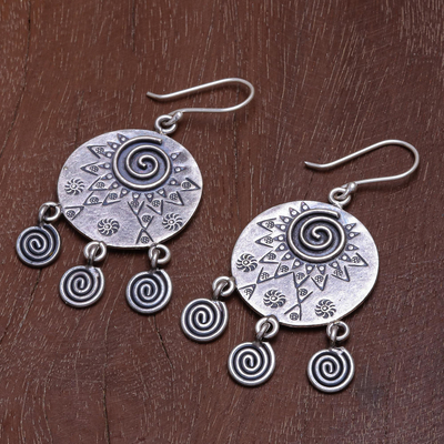 Sterling silver dangle earrings, 'Tribal Sign' - Hand Crafted Sterling Silver Geometric Motif Dangle Earrings