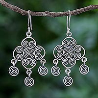 Silver dangle earrings, 'Savory Spiral' - Hand Made Karen Silver Spiral Motif Dangle Earrings