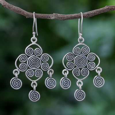 Silver dangle earrings, 'Savory Spiral' - Hand Made Karen Silver Spiral Motif Dangle Earrings