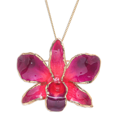 Gold-accented orchid petal pendant necklace, 'Orchid Magic in Red' - Gold-Plated Orchid Petal Pendant Necklace and Brooch