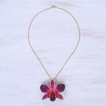 Gold-accented orchid petal pendant necklace, 'Orchid Magic in Red' - Gold-Plated Orchid Petal Pendant Necklace and Brooch