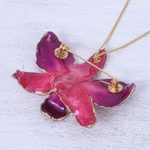 Gold-accented orchid petal pendant necklace, 'Orchid Magic in Red' - Gold-Plated Orchid Petal Pendant Necklace and Brooch