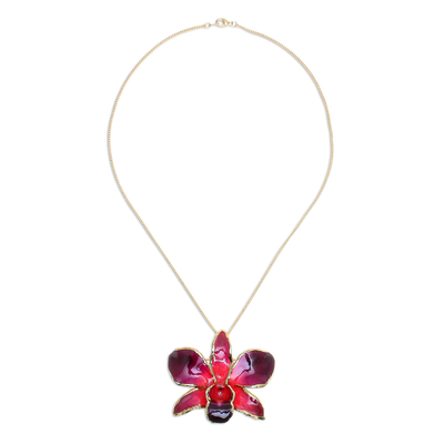 Gold-accented orchid petal pendant necklace, 'Orchid Magic in Red' - Gold-Plated Orchid Petal Pendant Necklace and Brooch