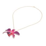 Gold-accented orchid petal pendant necklace, 'Orchid Magic in Red' - Gold-Plated Orchid Petal Pendant Necklace and Brooch