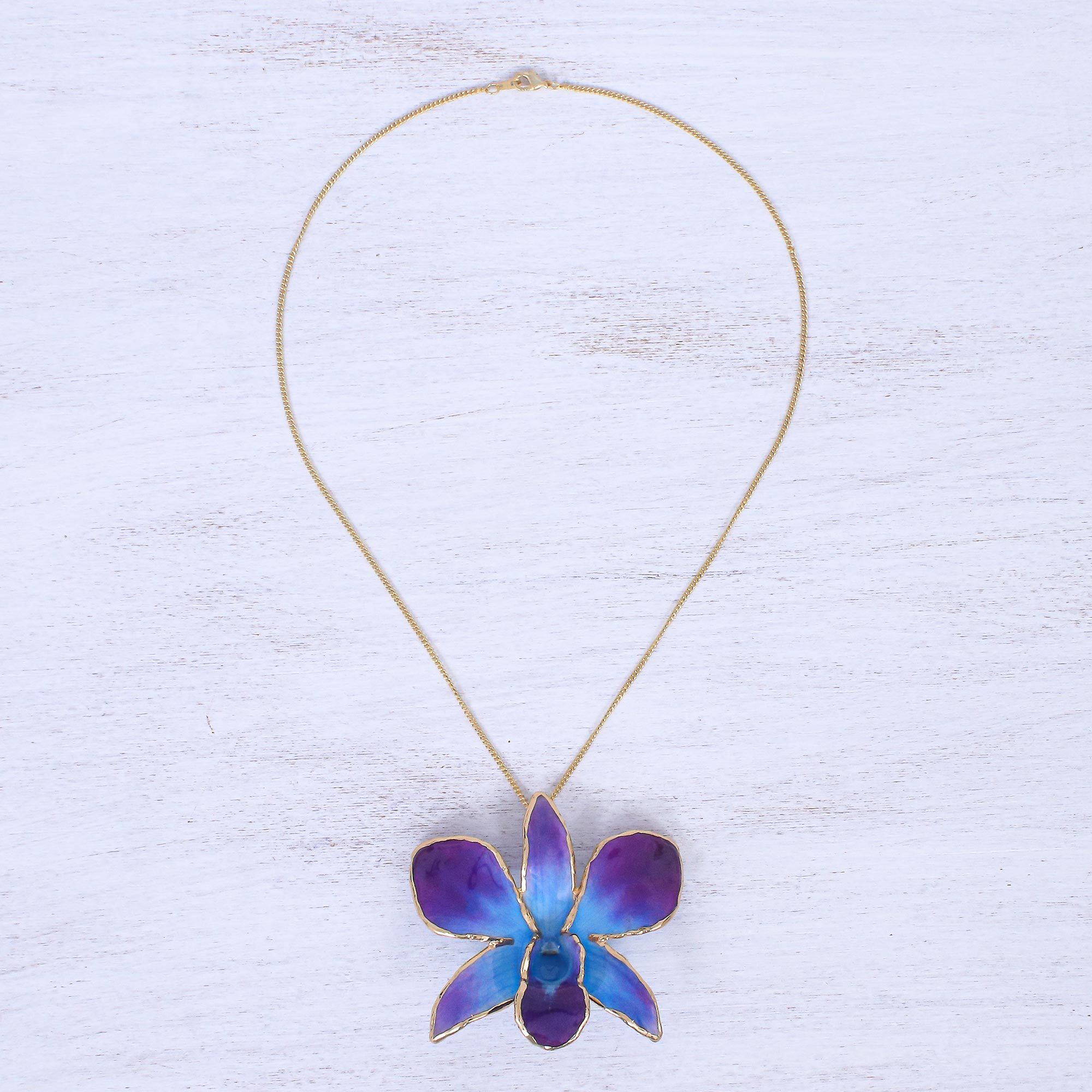 GoldPlated Blue Orchid Petal Pendant Necklace and Brooch Orchid
