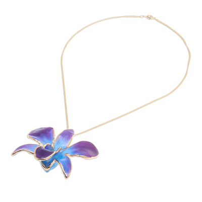 Collar con colgante de pétalos de orquídea con detalles dorados - Collar y broche con colgante de pétalo de orquídea azul chapado en oro