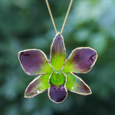 Gold-accented orchid petal pendant necklace, Orchid Magic in Green