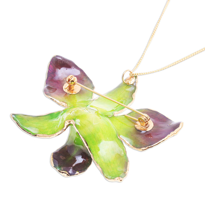 Gold-accented orchid petal pendant necklace, 'Orchid Magic in Green' - Gold-Plated Green Orchid Petal Pendant Necklace and Brooch