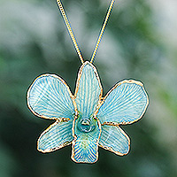 Gold-accented orchid petal pendant necklace, 'Orchid Magic in Light Blue' - Gold-Plated Blue Orchid Petal Pendant Necklace and Brooch