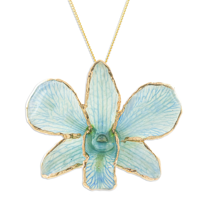 Gold-accented orchid petal pendant necklace, 'Orchid Magic in Light Blue' - Gold-Plated Blue Orchid Petal Pendant Necklace and Brooch