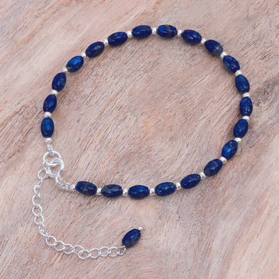 Lapis lazuli beaded bracelet, 'Into the Sky' - Lapis Lazuli and Sterling Silver Beaded Bracelet