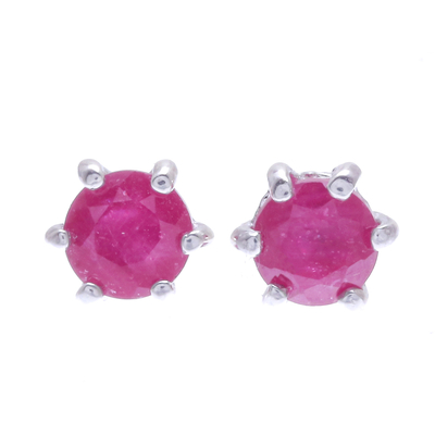 Ruby stud earrings, 'Catch a Star in Pink' - Handmade Ruby and Sterling Silver Stud Earrings