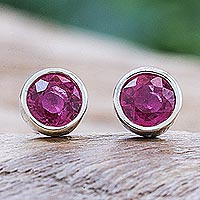 Ruby stud earrings, 'Round Star' - Thai Ruby and Sterling Silver Stud Earrings