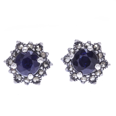Hand Crafted Sapphire and Marcasite Stud Earrings