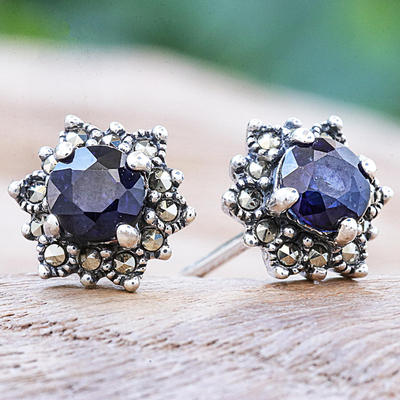 Sapphire and marcasite stud earrings, 'Firefly in Blue' - Hand Crafted Sapphire and Marcasite Stud Earrings