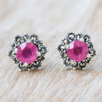 Ruby and marcasite stud earrings, 'Firefly in Pink' - Artisan Crafted Ruby and Marcasite Stud Earrings