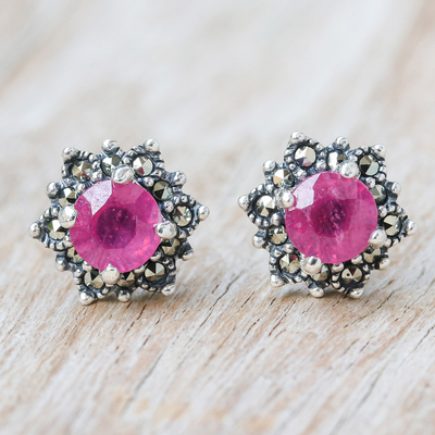 Ruby and marcasite stud earrings, Firefly in Pink