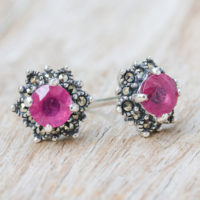 Ruby and marcasite stud earrings, 'Firefly in Pink' - Artisan Crafted Ruby and Marcasite Stud Earrings