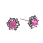 Ruby and marcasite stud earrings, 'Firefly in Pink' - Artisan Crafted Ruby and Marcasite Stud Earrings