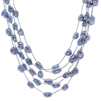 Cultured pearl station necklace, 'Secret Pearl in Grey' - Hand Crafted Cultured Freshwater Pearl Station Necklace