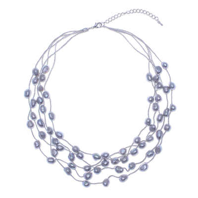 Cultured pearl station necklace, 'Secret Pearl in Light Grey' - Hand Made Cultured Freshwater Pearl Station Necklace