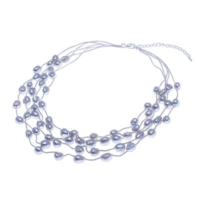 Cultured pearl station necklace, 'Secret Pearl in Light Grey' - Hand Made Cultured Freshwater Pearl Station Necklace