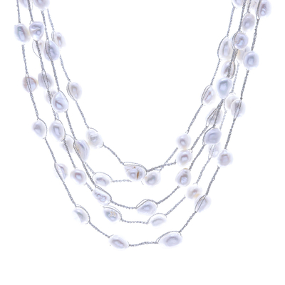 Cultured pearl station necklace, 'Secret Pearl in White' - Handmade Cultured Freshwater Pearl Station Necklace